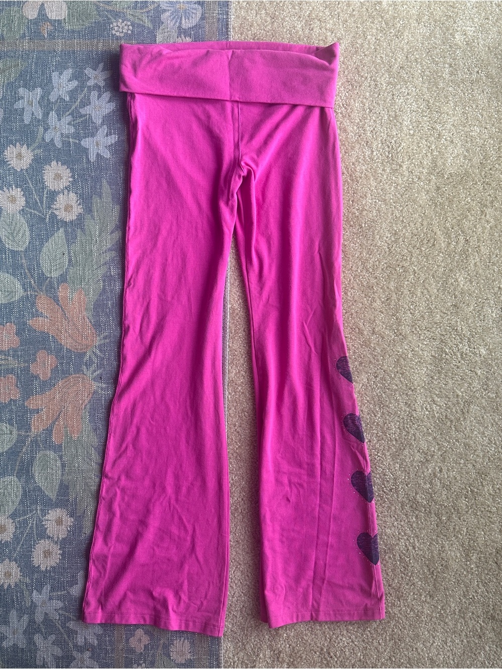PINK Victoria's Secret Hot Pink Fold-Over Waist Heart Flare Leggings